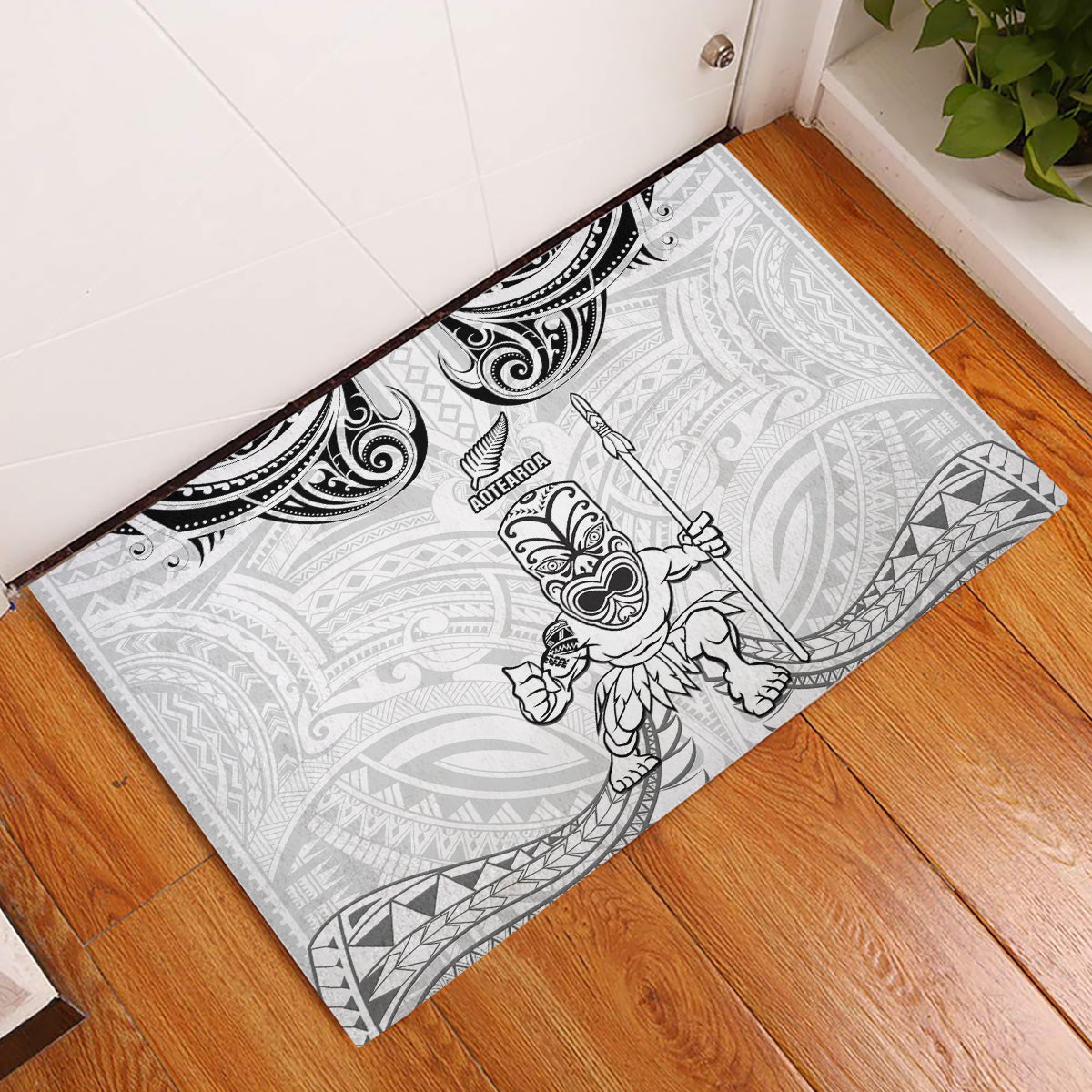 New Zealand Maori Taiaha Rubber Doormat Tiki Warrior White LT05 White - Polynesian Pride