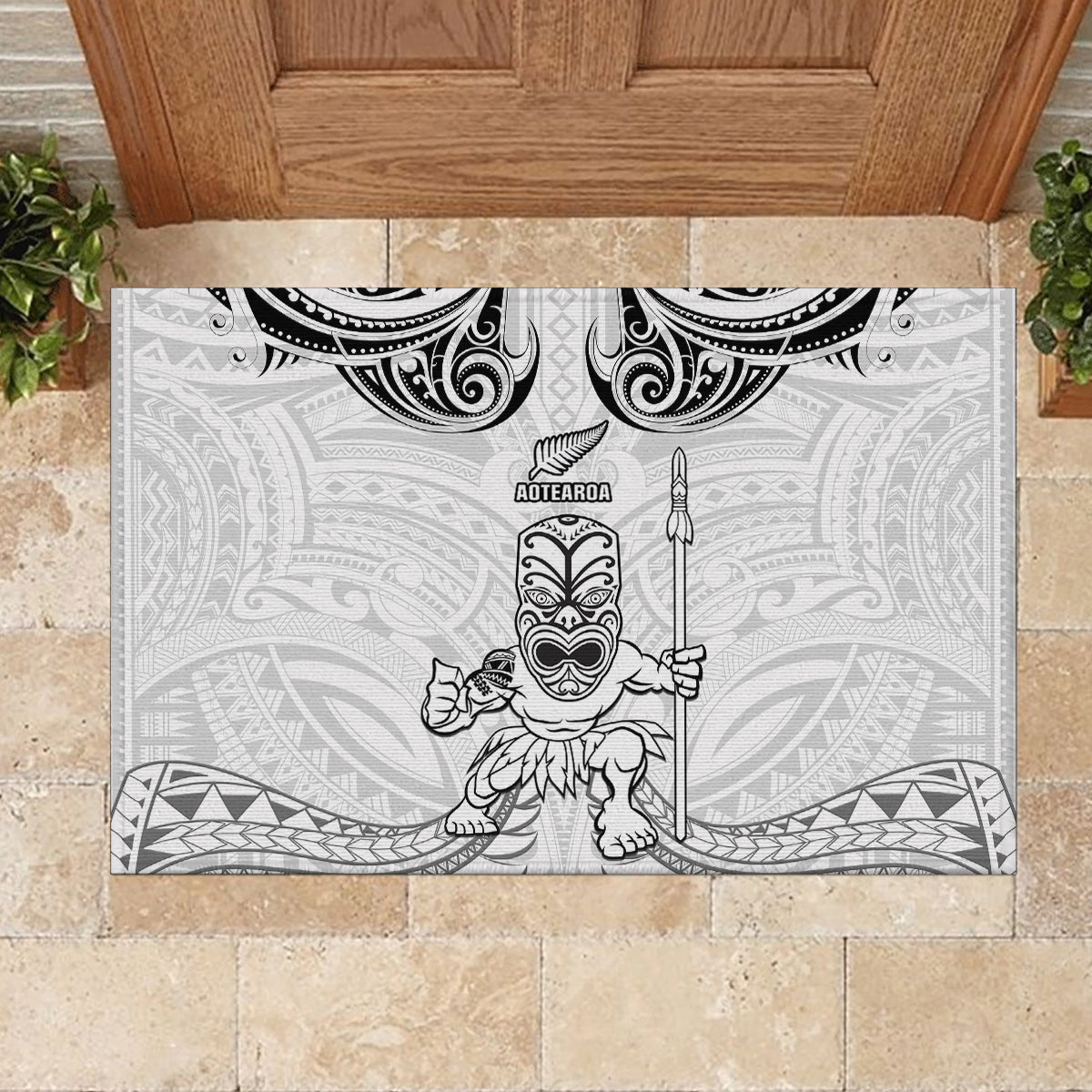 New Zealand Maori Taiaha Rubber Doormat Tiki Warrior White LT05 - Polynesian Pride