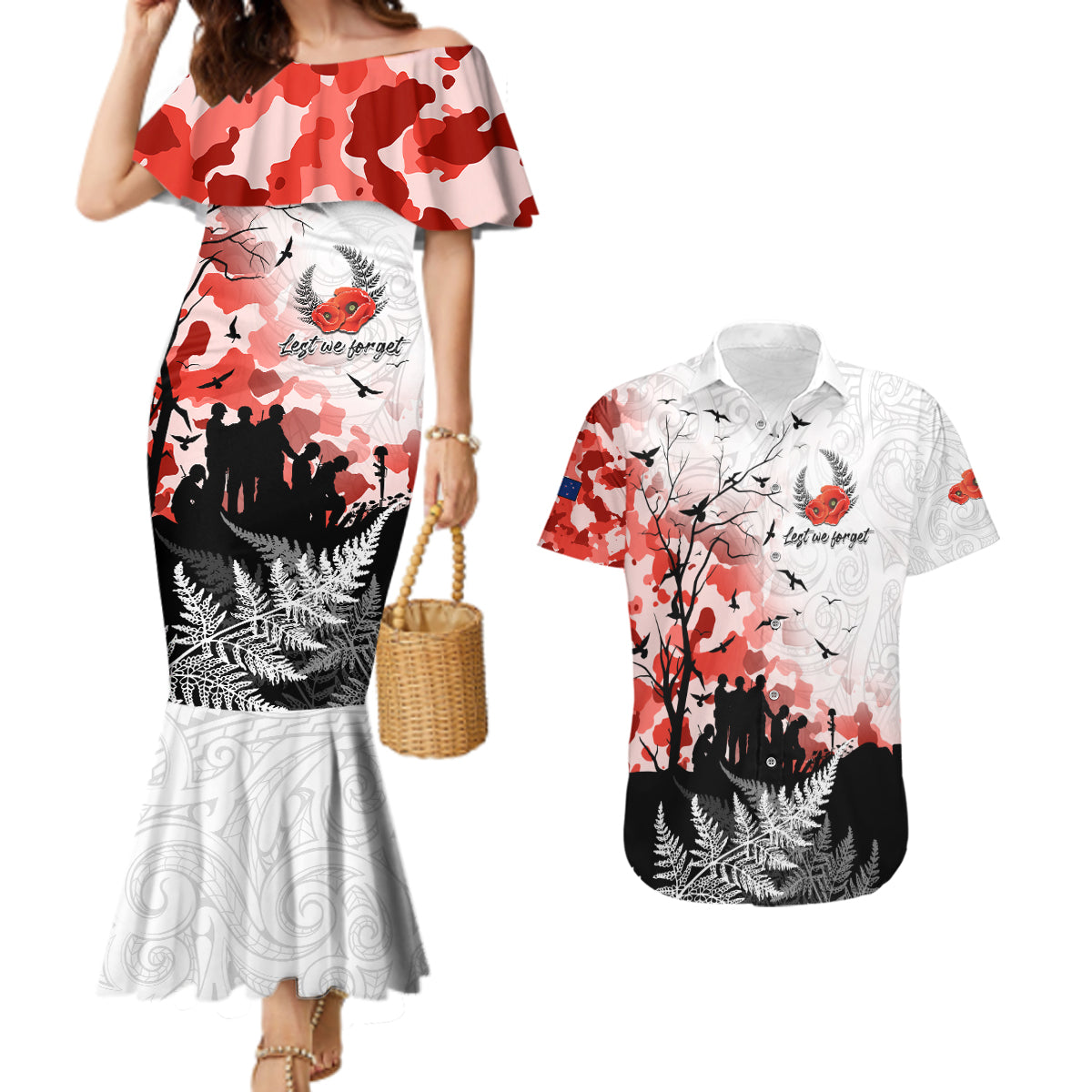 Kei Wareware Tatou New Zealand ANZAC Day Couples Matching Mermaid Dress and Hawaiian Shirt Lest We Forget LT05 White - Polynesian Pride