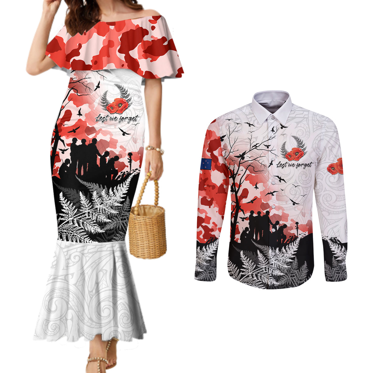 Kei Wareware Tatou New Zealand ANZAC Day Couples Matching Mermaid Dress and Long Sleeve Button Shirt Lest We Forget LT05 White - Polynesian Pride