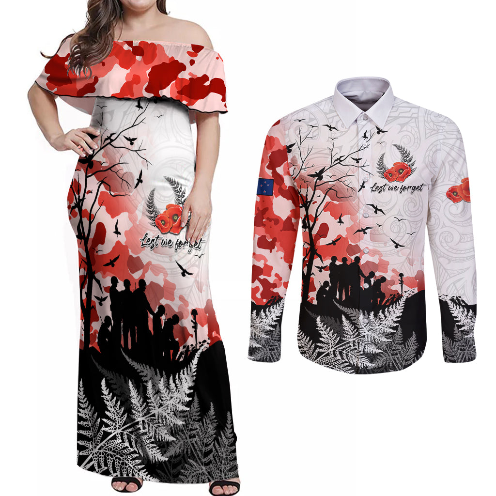 Kei Wareware Tatou New Zealand ANZAC Day Couples Matching Off Shoulder Maxi Dress and Long Sleeve Button Shirt Lest We Forget LT05 White - Polynesian Pride