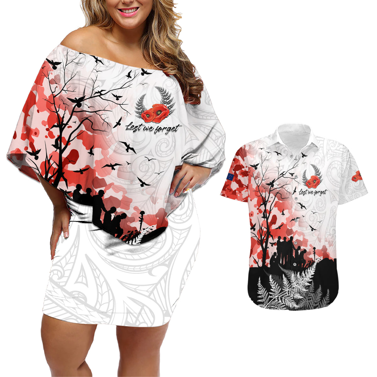 Kei Wareware Tatou New Zealand ANZAC Day Couples Matching Off Shoulder Short Dress and Hawaiian Shirt Lest We Forget LT05 White - Polynesian Pride