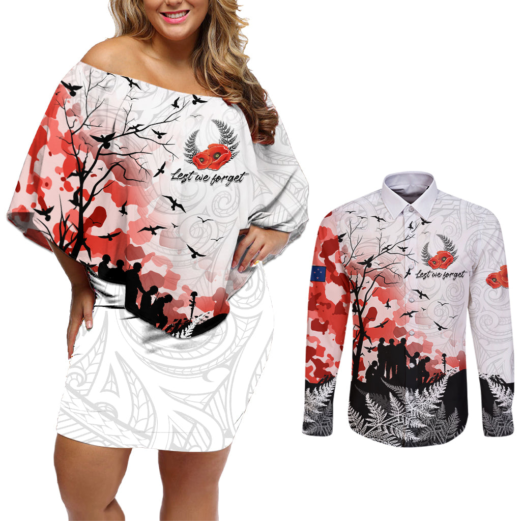 Kei Wareware Tatou New Zealand ANZAC Day Couples Matching Off Shoulder Short Dress and Long Sleeve Button Shirt Lest We Forget LT05 White - Polynesian Pride
