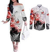 Kei Wareware Tatou New Zealand ANZAC Day Couples Matching Off The Shoulder Long Sleeve Dress and Long Sleeve Button Shirt Lest We Forget LT05 White - Polynesian Pride
