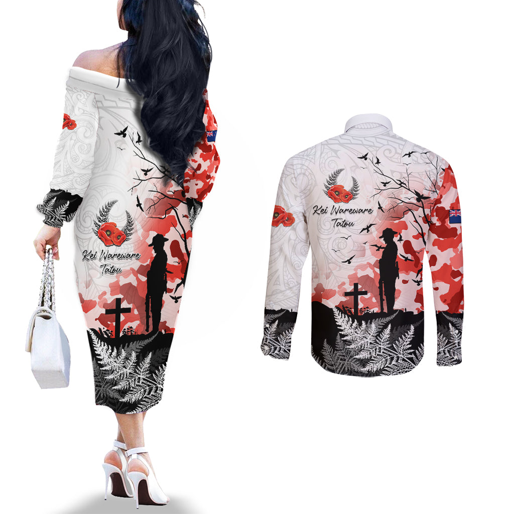 Kei Wareware Tatou New Zealand ANZAC Day Couples Matching Off The Shoulder Long Sleeve Dress and Long Sleeve Button Shirt Lest We Forget LT05 - Polynesian Pride