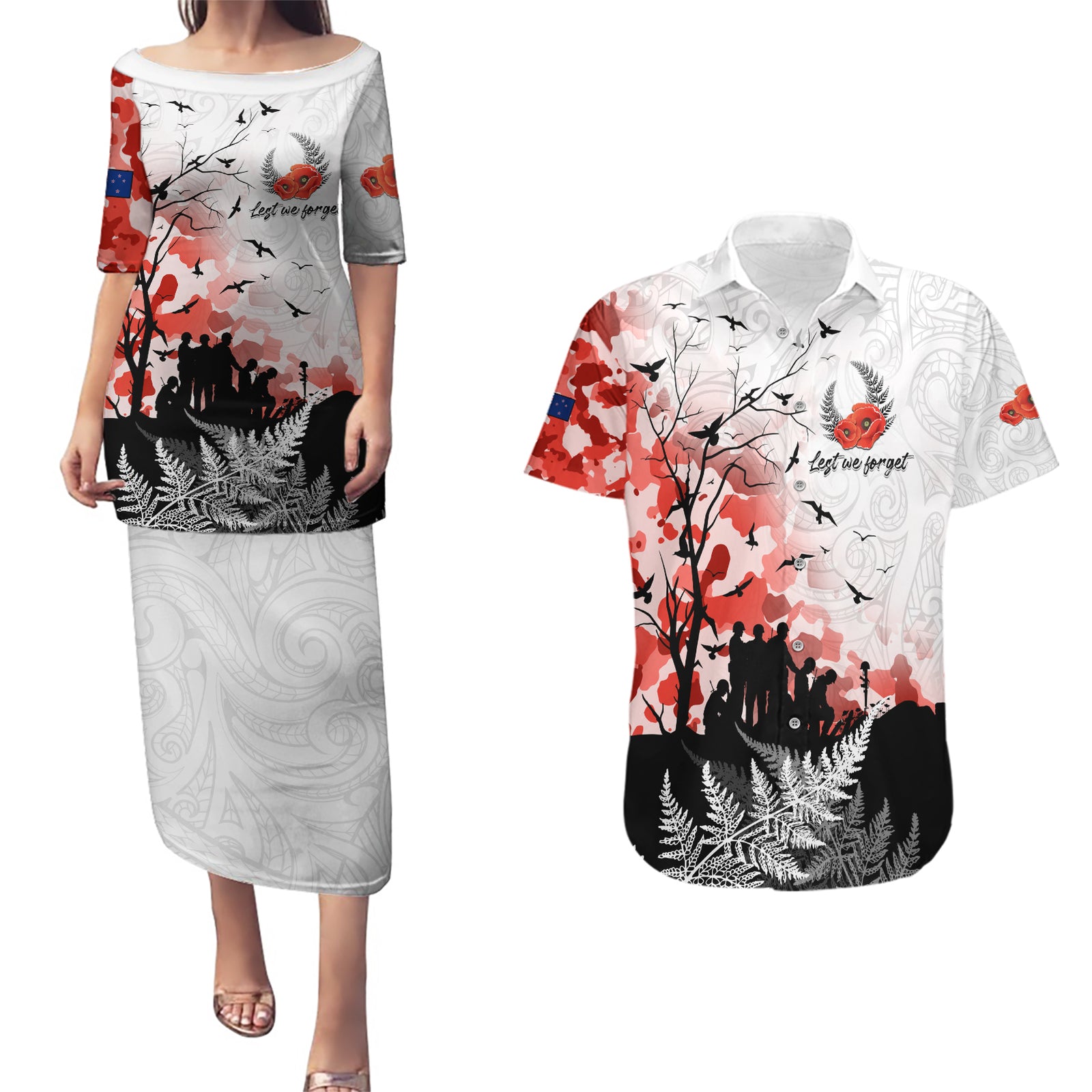 Kei Wareware Tatou New Zealand ANZAC Day Couples Matching Puletasi and Hawaiian Shirt Lest We Forget LT05 White - Polynesian Pride