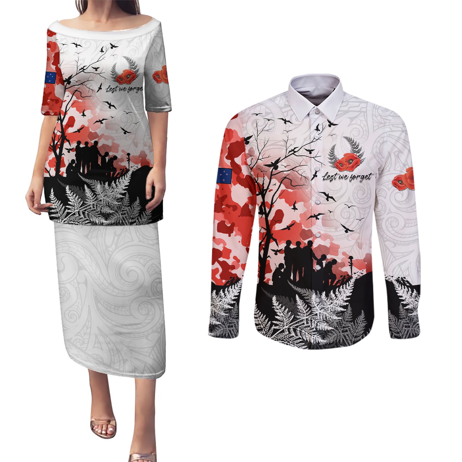 Kei Wareware Tatou New Zealand ANZAC Day Couples Matching Puletasi and Long Sleeve Button Shirt Lest We Forget LT05 White - Polynesian Pride