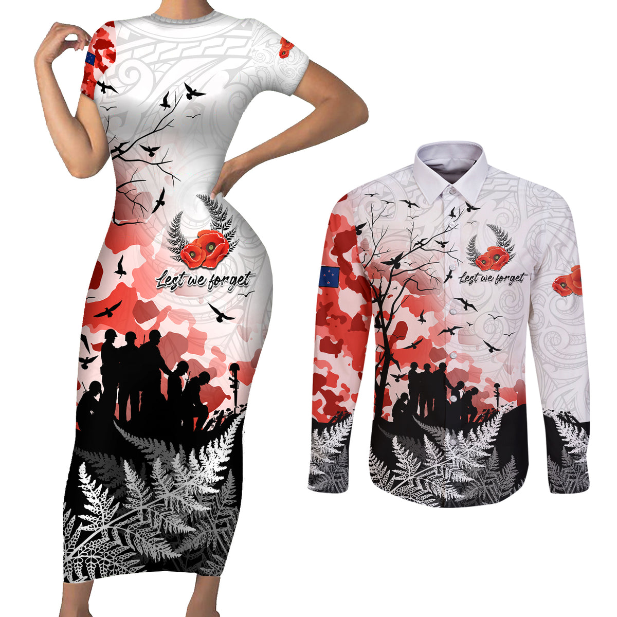 Kei Wareware Tatou New Zealand ANZAC Day Couples Matching Short Sleeve Bodycon Dress and Long Sleeve Button Shirt Lest We Forget LT05 White - Polynesian Pride