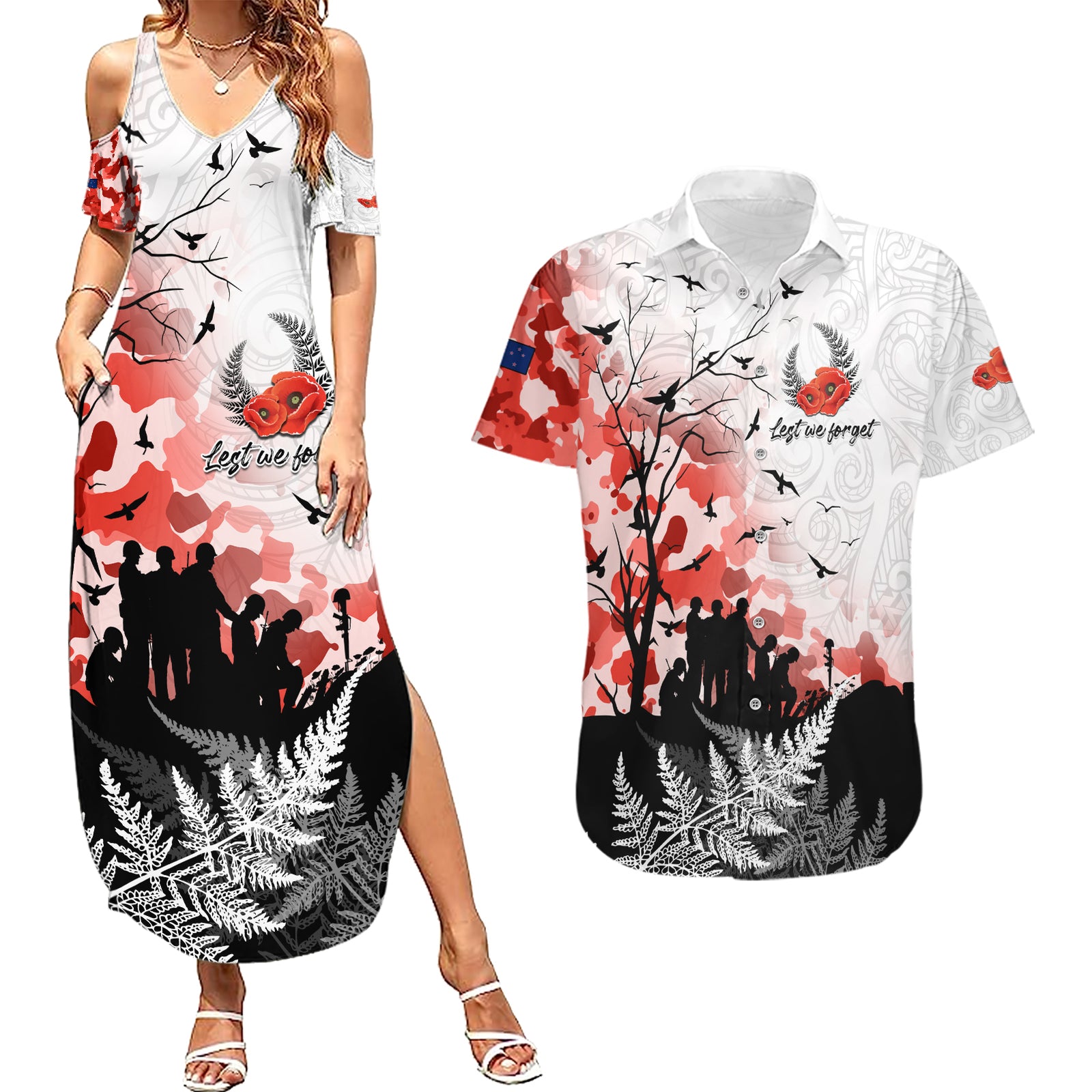 Kei Wareware Tatou New Zealand ANZAC Day Couples Matching Summer Maxi Dress and Hawaiian Shirt Lest We Forget LT05 White - Polynesian Pride