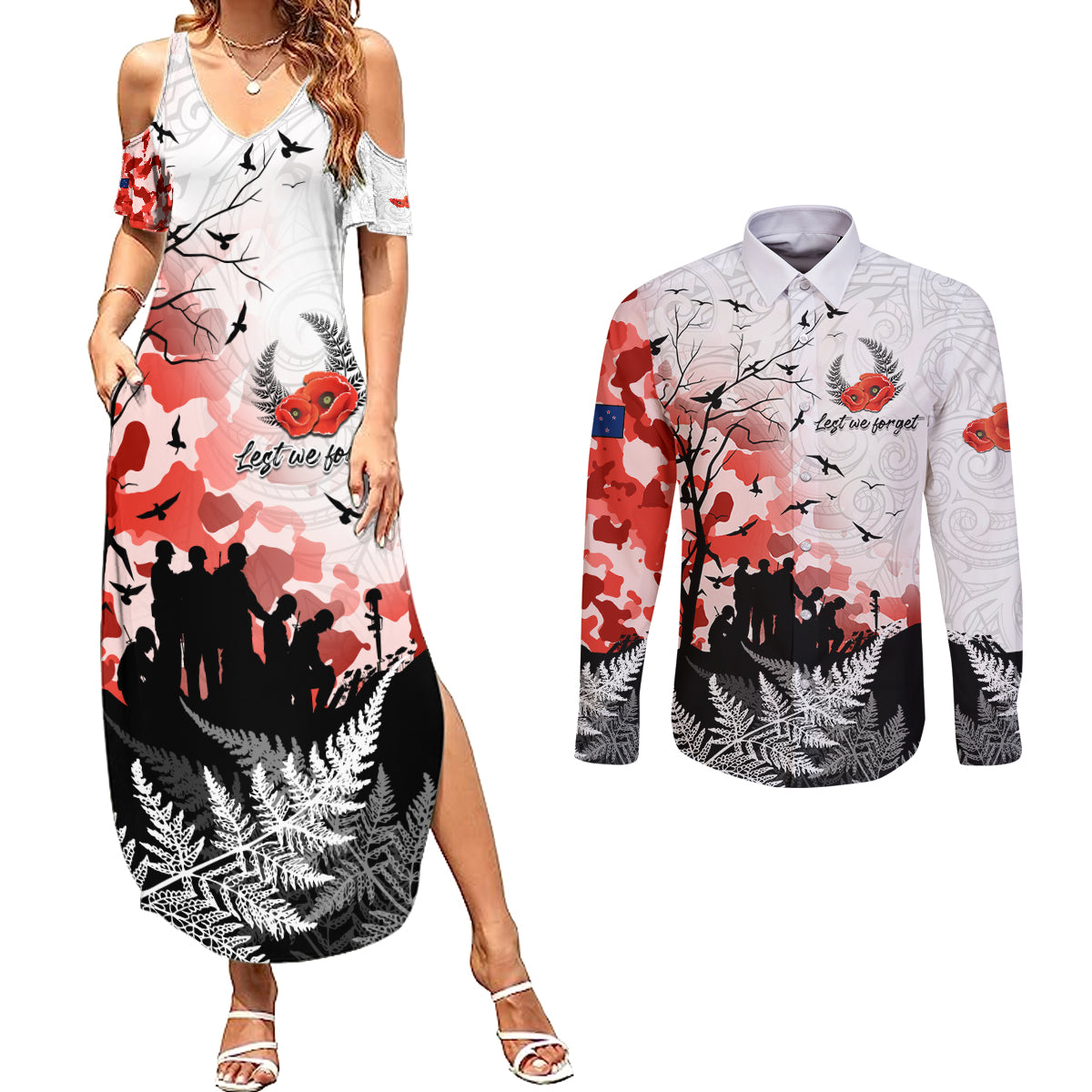 Kei Wareware Tatou New Zealand ANZAC Day Couples Matching Summer Maxi Dress and Long Sleeve Button Shirt Lest We Forget LT05 White - Polynesian Pride