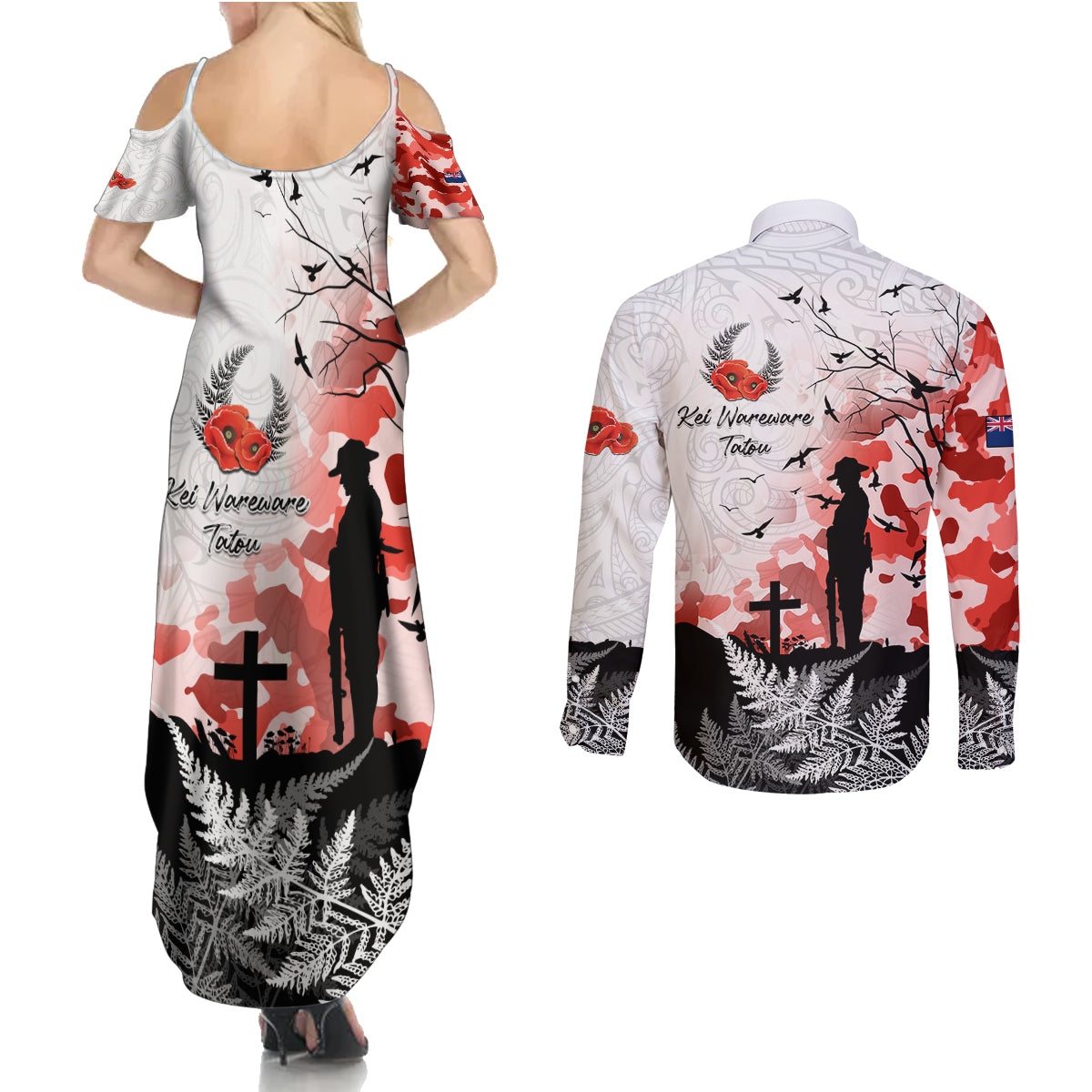 Kei Wareware Tatou New Zealand ANZAC Day Couples Matching Summer Maxi Dress and Long Sleeve Button Shirt Lest We Forget LT05 - Polynesian Pride