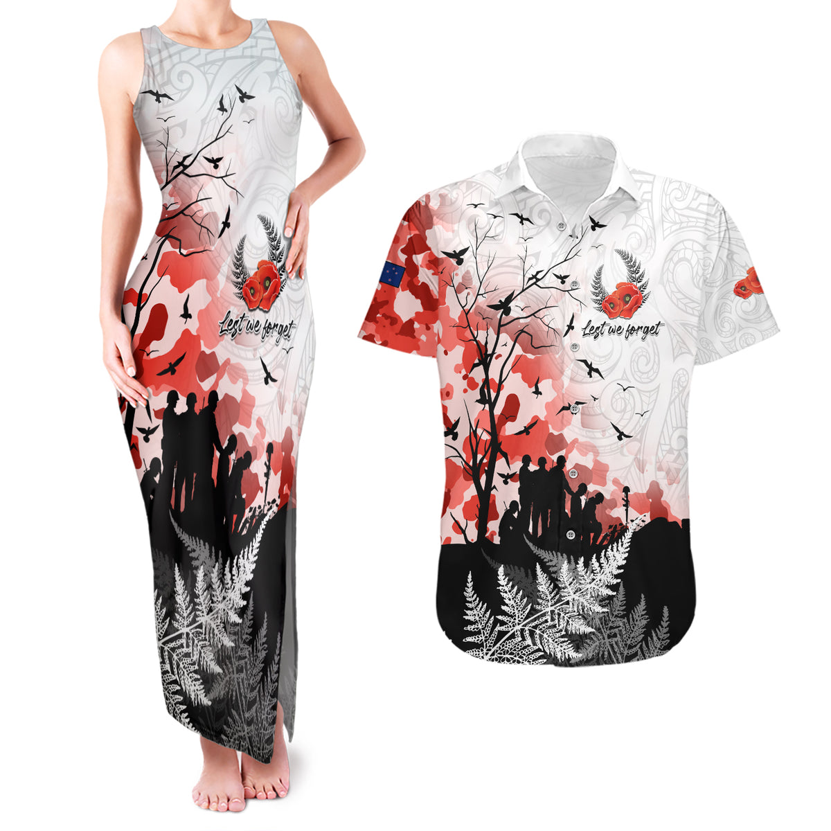Kei Wareware Tatou New Zealand ANZAC Day Couples Matching Tank Maxi Dress and Hawaiian Shirt Lest We Forget LT05 White - Polynesian Pride