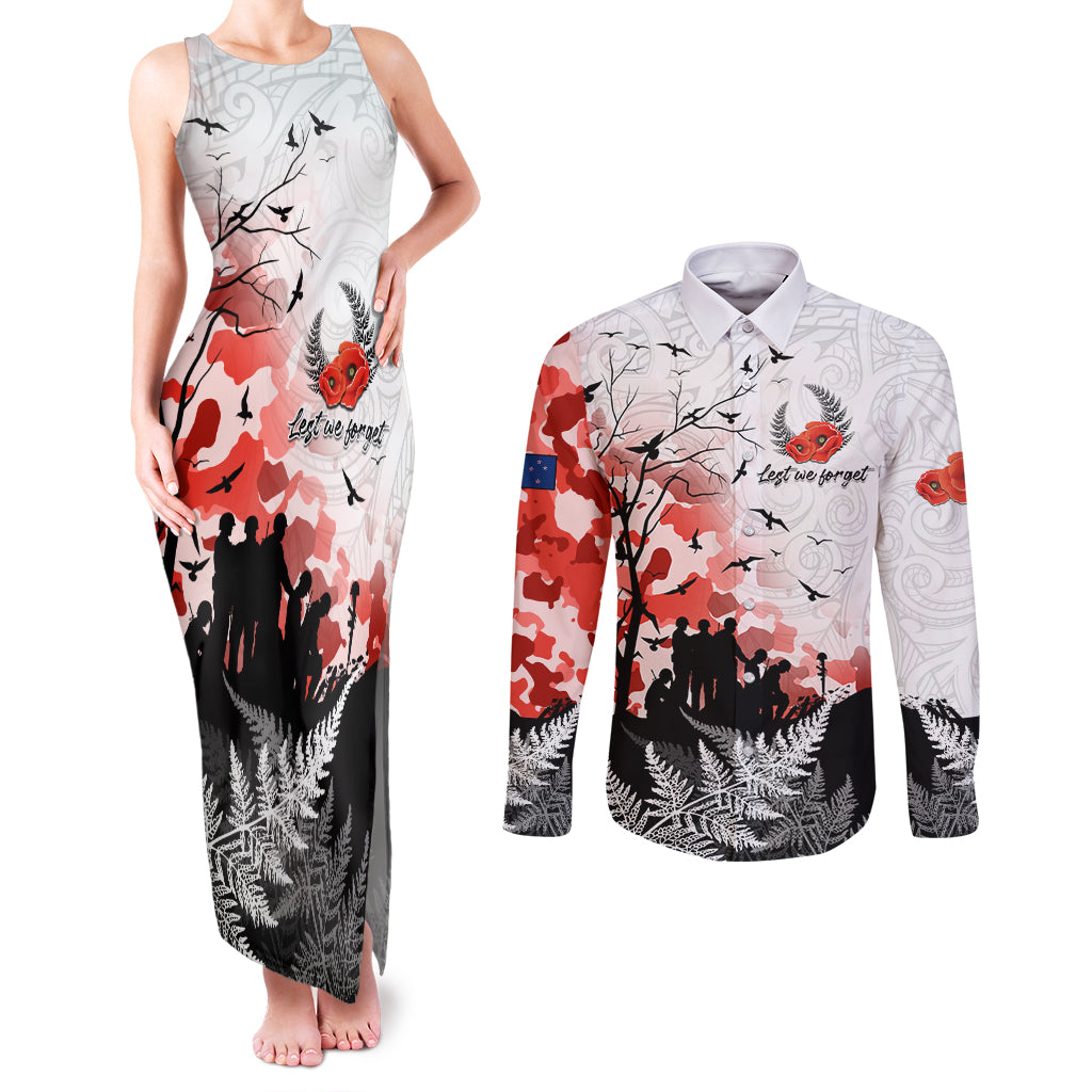 Kei Wareware Tatou New Zealand ANZAC Day Couples Matching Tank Maxi Dress and Long Sleeve Button Shirt Lest We Forget LT05 White - Polynesian Pride