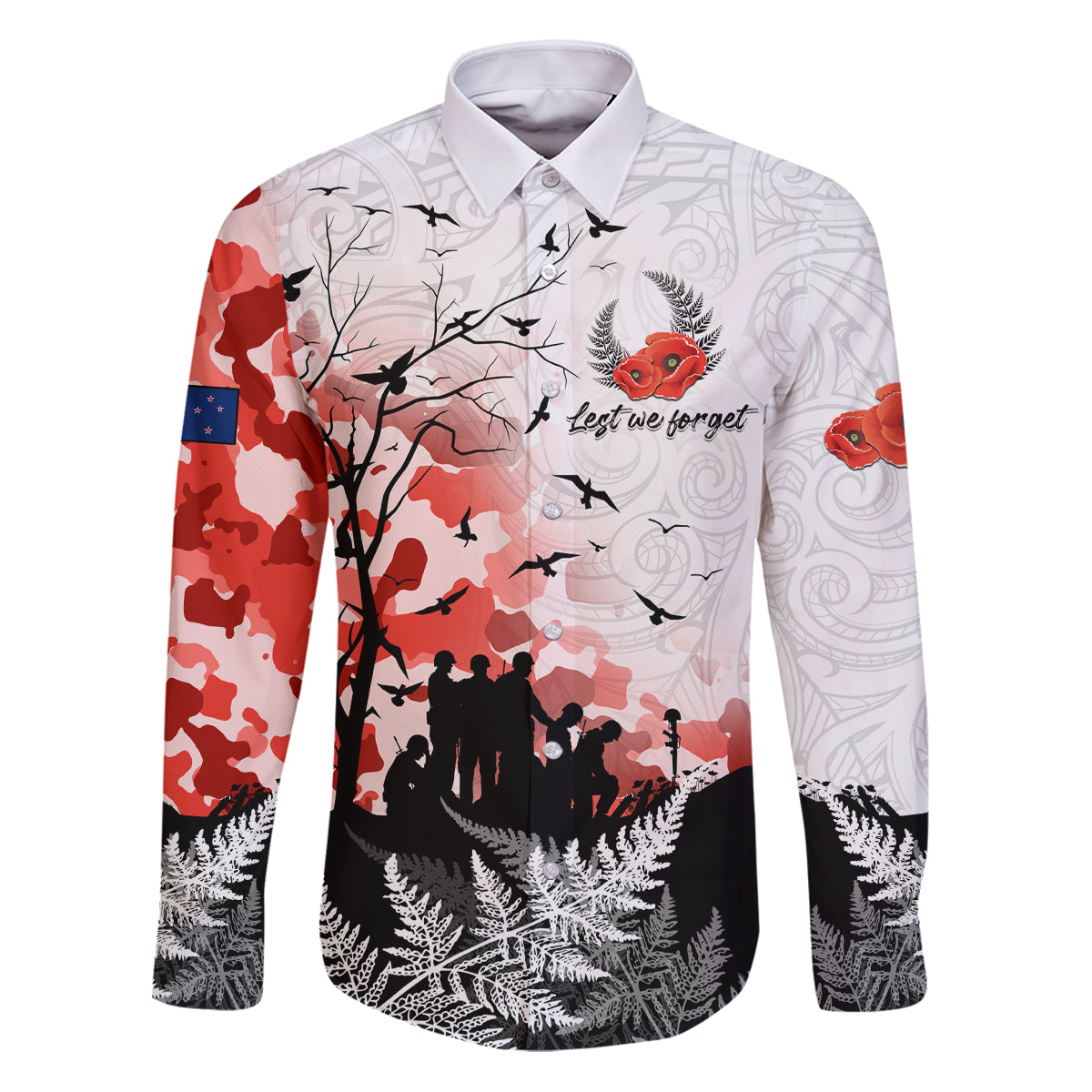 Kei Wareware Tatou New Zealand ANZAC Day Family Matching Puletasi and Hawaiian Shirt Lest We Forget LT05 Dad's Shirt - Long Sleeve White - Polynesian Pride