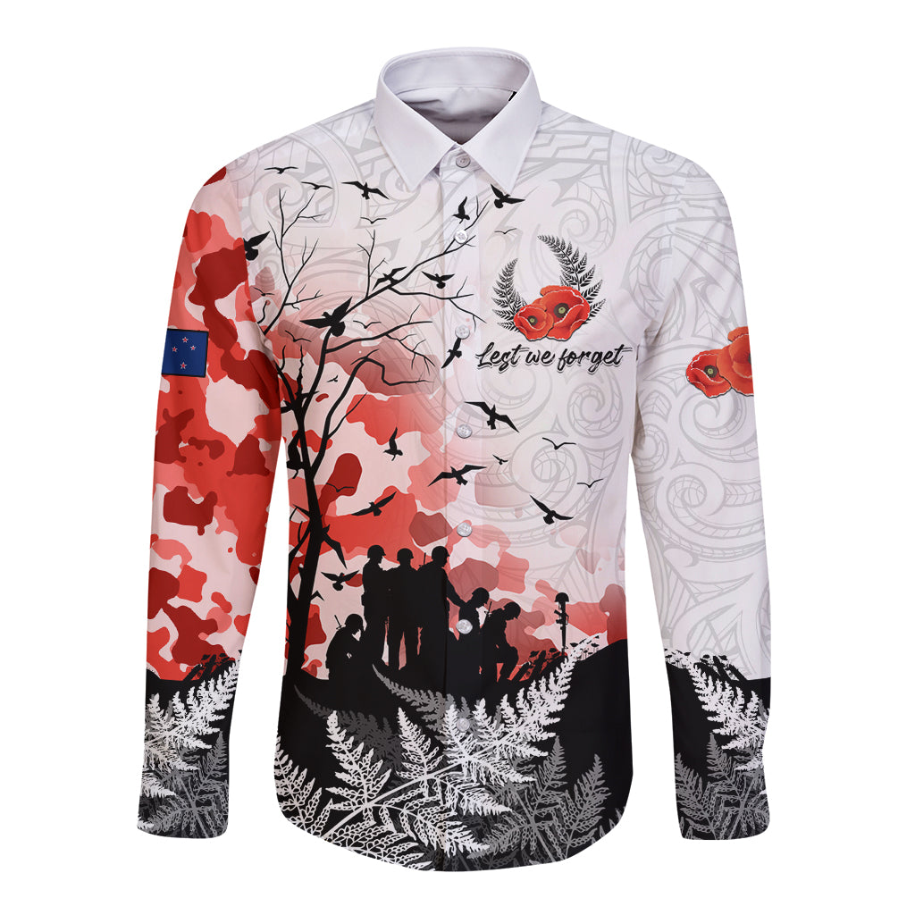 Kei Wareware Tatou New Zealand ANZAC Day Long Sleeve Button Shirt Lest We Forget LT05 Unisex White - Polynesian Pride