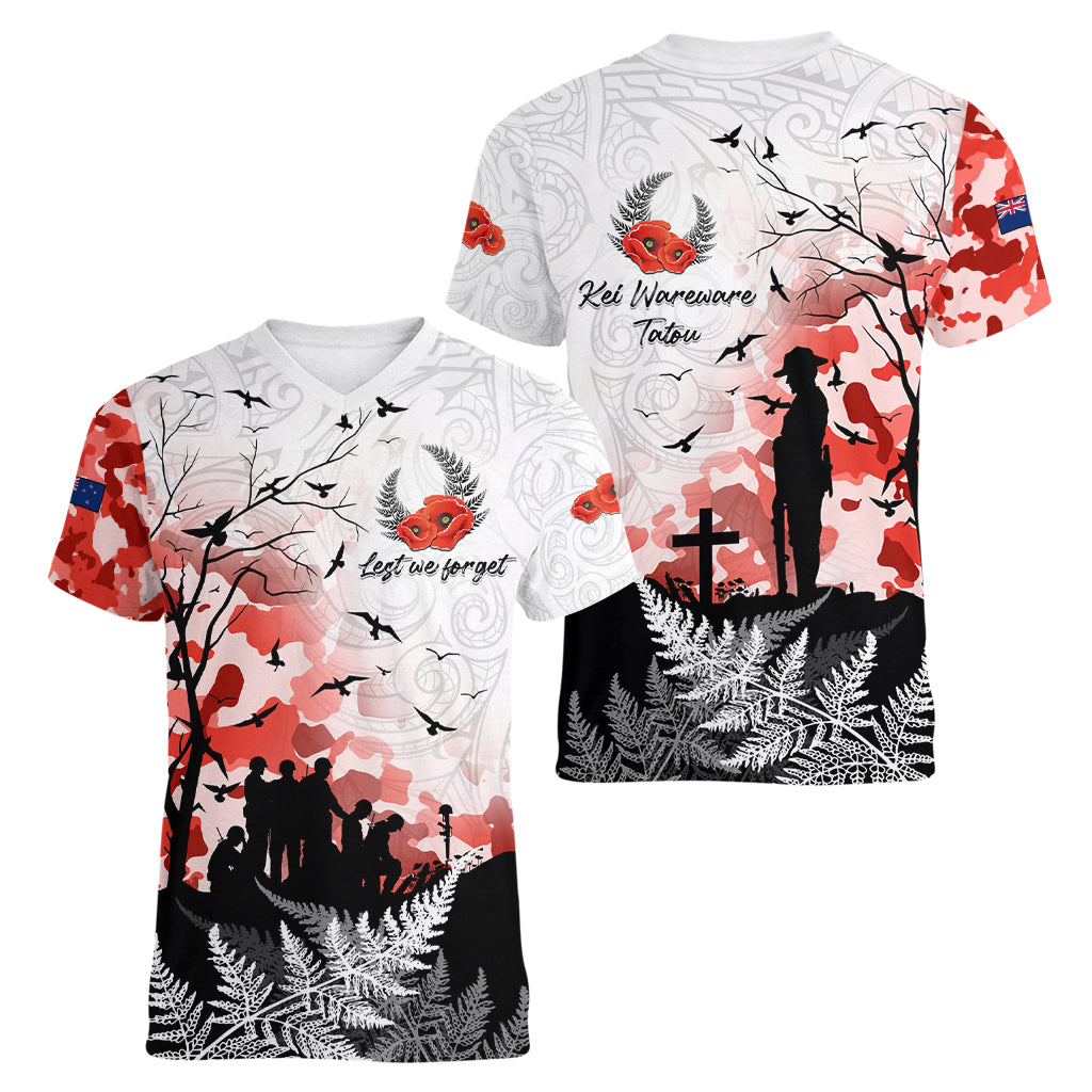 Kei Wareware Tatou New Zealand ANZAC Day Women V Neck T Shirt Lest We Forget LT05 - Polynesian Pride