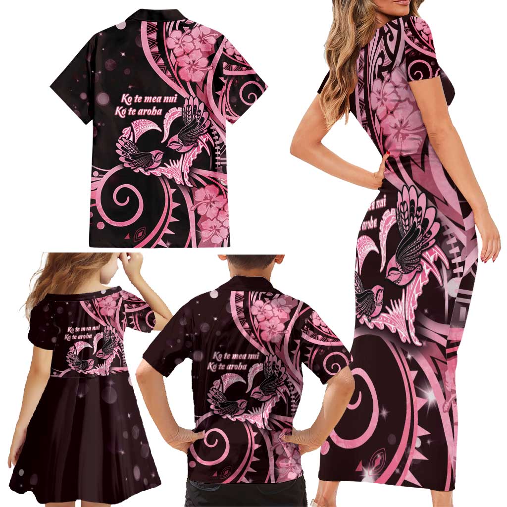 New Zealand Valentine Family Matching Short Sleeve Bodycon Dress and Hawaiian Shirt Aroha Sweet Pink Piwakawaka