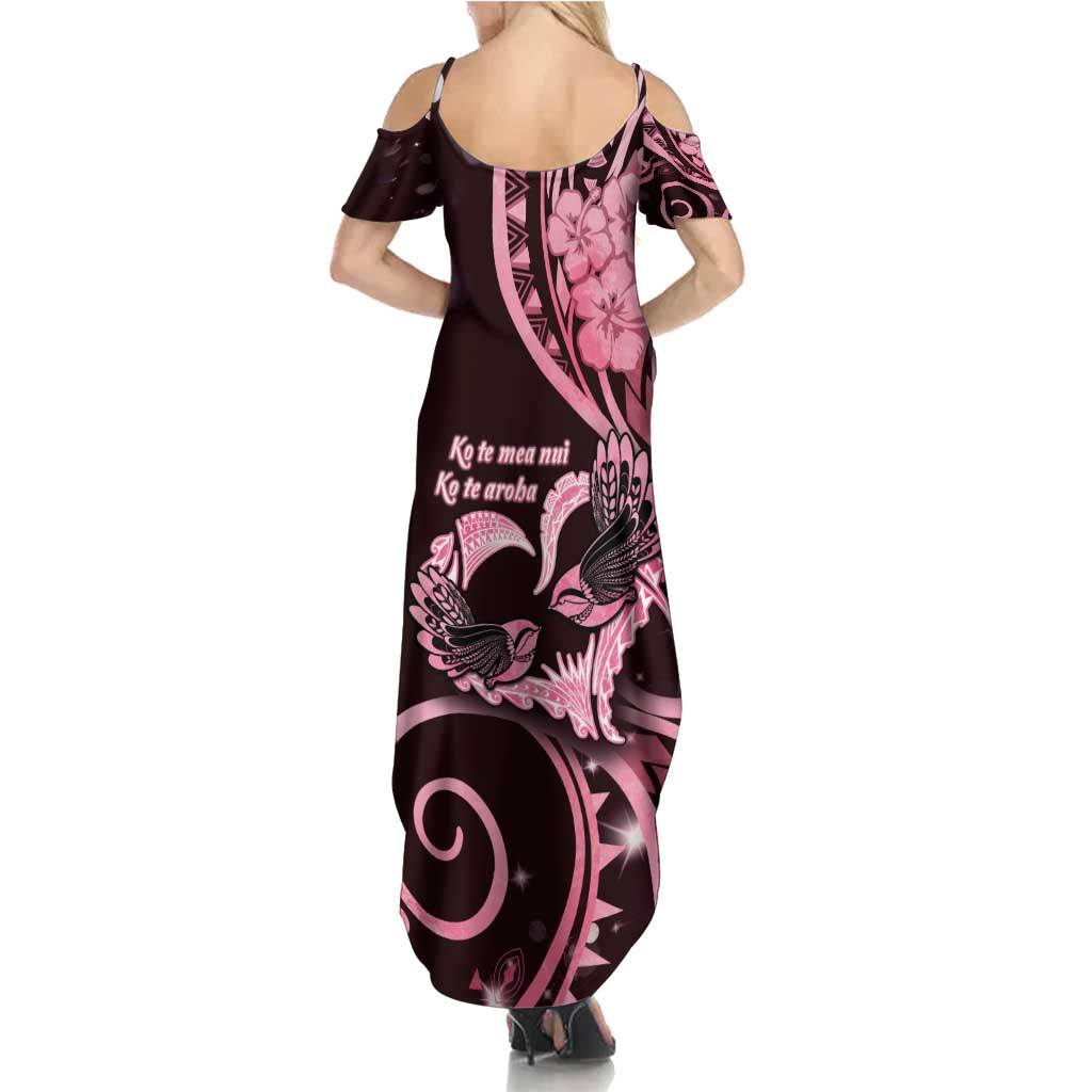 New Zealand Valentine Family Matching Summer Maxi Dress and Hawaiian Shirt Aroha Sweet Pink Piwakawaka