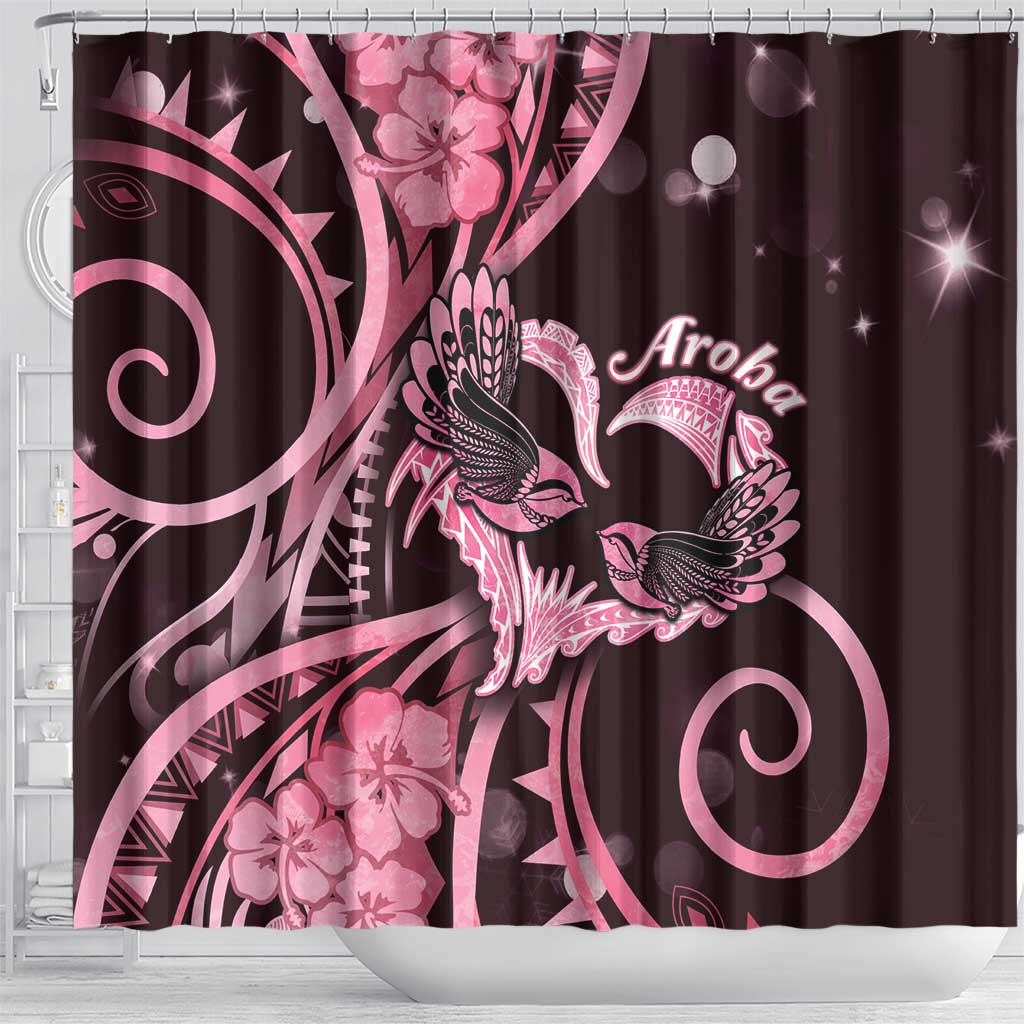New Zealand Valentine Shower Curtain Aroha Sweet Pink Piwakawaka