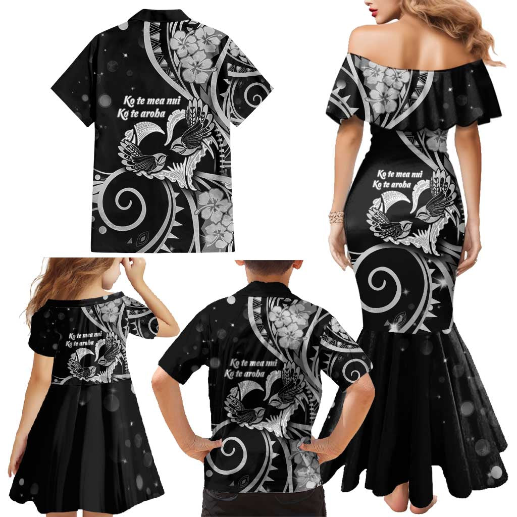 New Zealand Valentine Family Matching Mermaid Dress and Hawaiian Shirt Aroha Gray Piwakawaka
