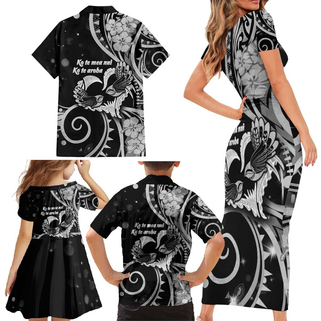 New Zealand Valentine Family Matching Short Sleeve Bodycon Dress and Hawaiian Shirt Aroha Gray Piwakawaka