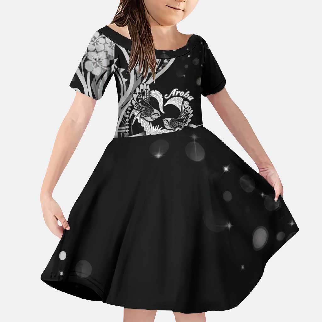 New Zealand Valentine Family Matching Tank Maxi Dress and Hawaiian Shirt Aroha Gray Piwakawaka LT05 Daughter's Dress Gray - Polynesian Pride