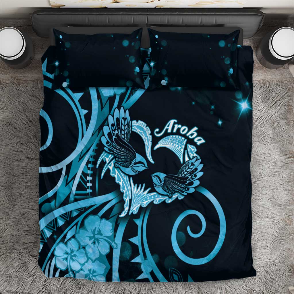 New Zealand Valentine Bedding Set Aroha Cyan Piwakawaka LT05 Cyan - Polynesian Pride