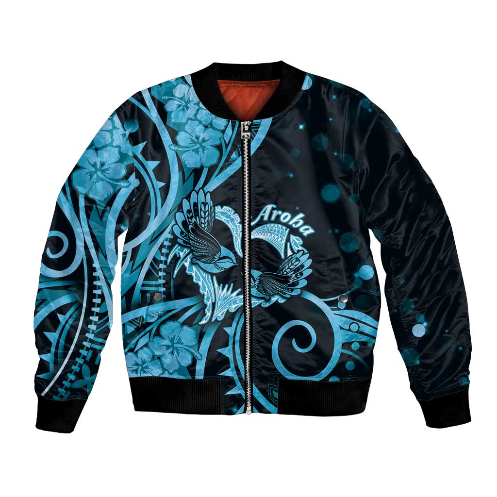 New Zealand Valentine Bomber Jacket Aroha Cyan Piwakawaka LT05 Unisex Cyan - Polynesian Pride