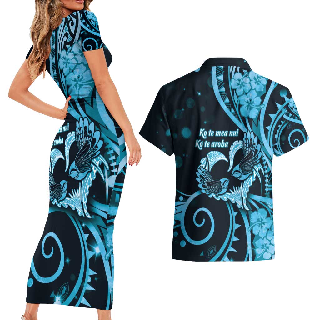 New Zealand Valentine Couples Matching Short Sleeve Bodycon Dress and Hawaiian Shirt Aroha Cyan Piwakawaka