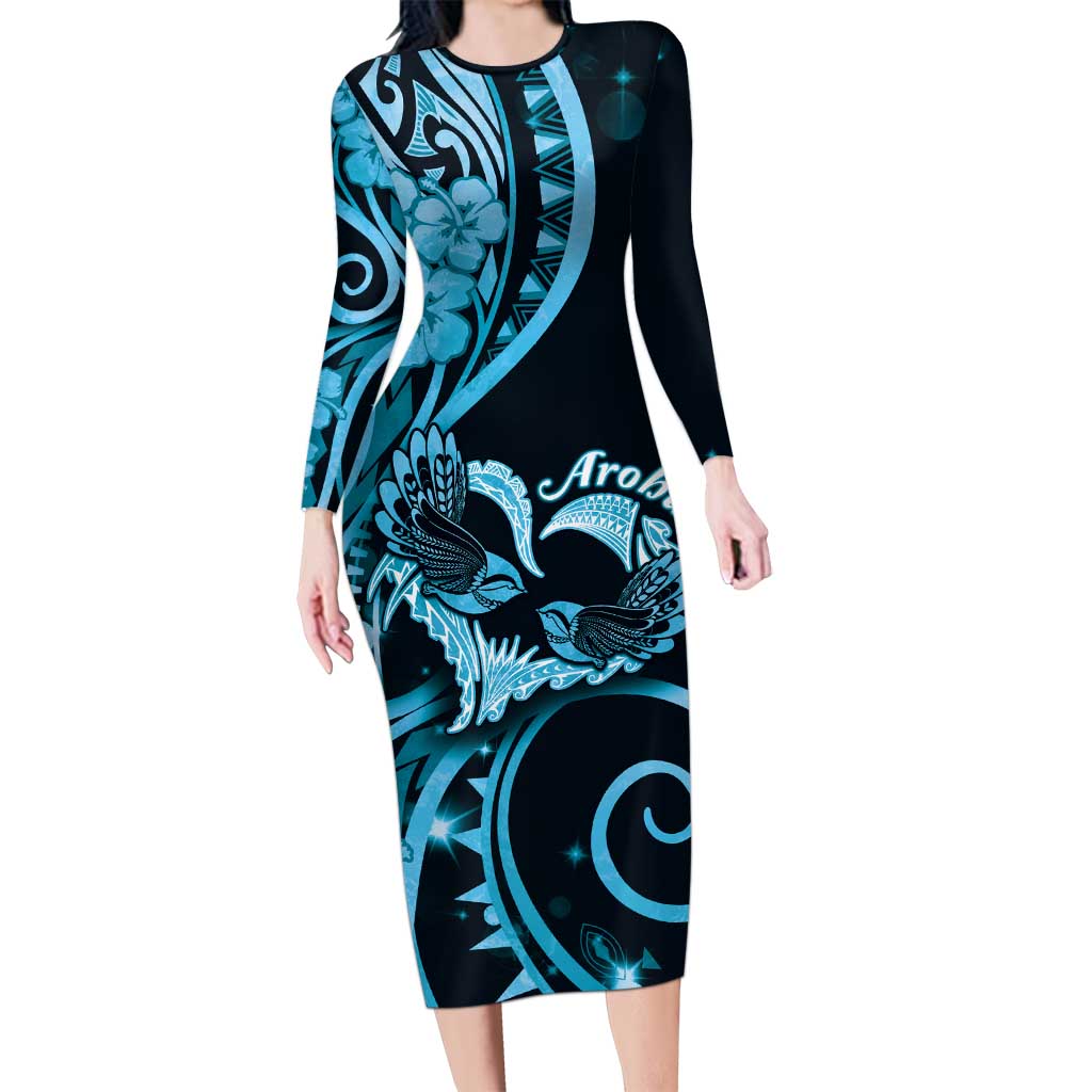 New Zealand Valentine Family Matching Long Sleeve Bodycon Dress and Hawaiian Shirt Aroha Cyan Piwakawaka
