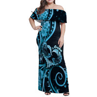New Zealand Valentine Family Matching Off Shoulder Maxi Dress and Hawaiian Shirt Aroha Cyan Piwakawaka