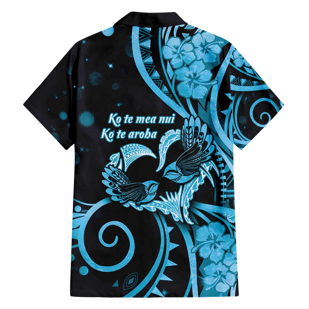 New Zealand Valentine Family Matching Puletasi and Hawaiian Shirt Aroha Cyan Piwakawaka