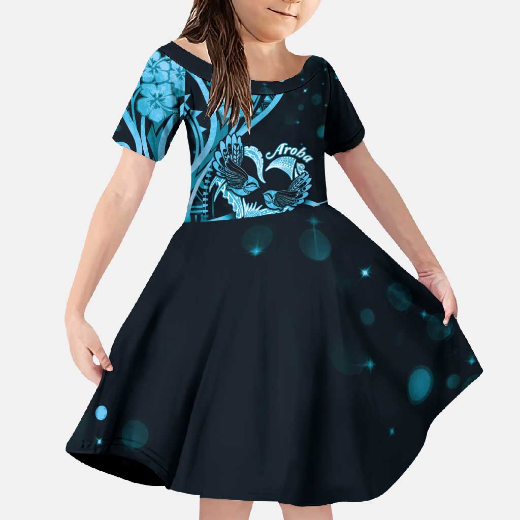 New Zealand Valentine Family Matching Tank Maxi Dress and Hawaiian Shirt Aroha Cyan Piwakawaka LT05 Daughter's Dress Cyan - Polynesian Pride