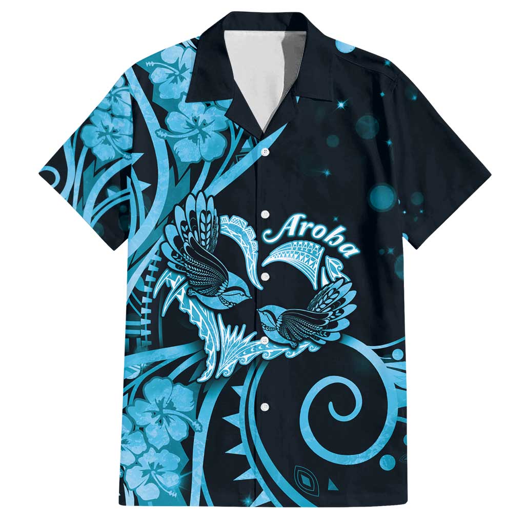 New Zealand Valentine Family Matching Tank Maxi Dress and Hawaiian Shirt Aroha Cyan Piwakawaka LT05 Dad's Shirt - Short Sleeve Cyan - Polynesian Pride