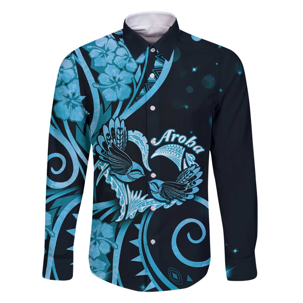 New Zealand Valentine Family Matching Tank Maxi Dress and Hawaiian Shirt Aroha Cyan Piwakawaka LT05 Dad's Shirt - Long Sleeve Cyan - Polynesian Pride