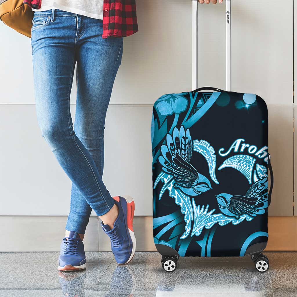 New Zealand Valentine Luggage Cover Aroha Cyan Piwakawaka