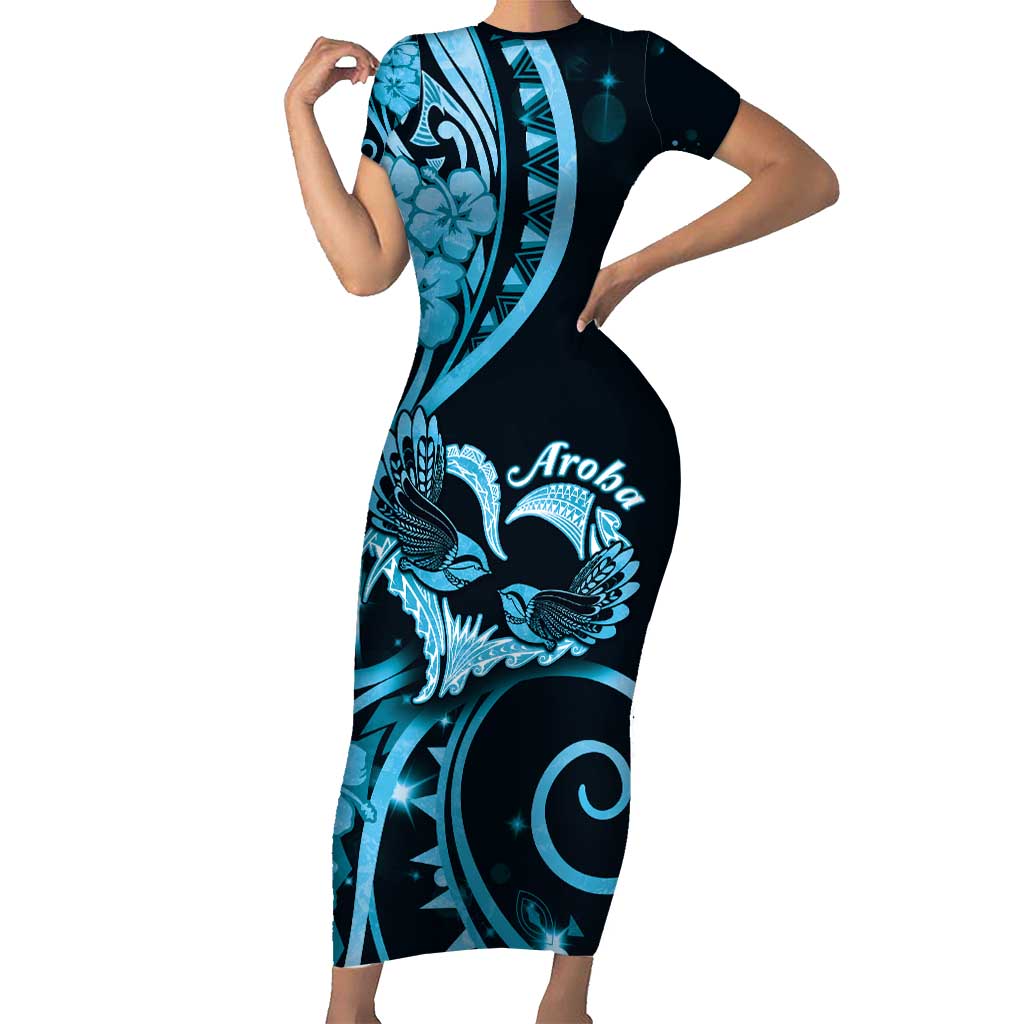New Zealand Valentine Short Sleeve Bodycon Dress Aroha Cyan Piwakawaka LT05 Long Dress Cyan - Polynesian Pride