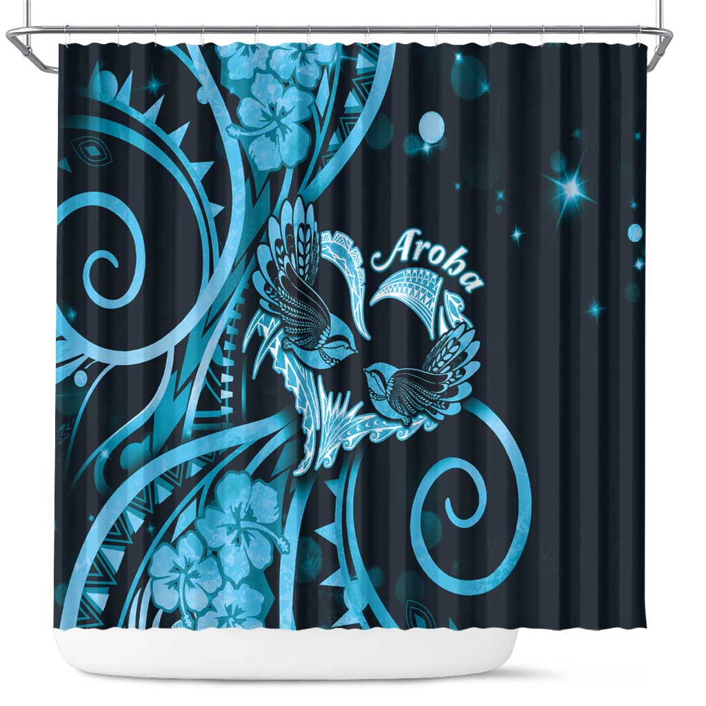New Zealand Valentine Shower Curtain Aroha Cyan Piwakawaka LT05 Cyan - Polynesian Pride