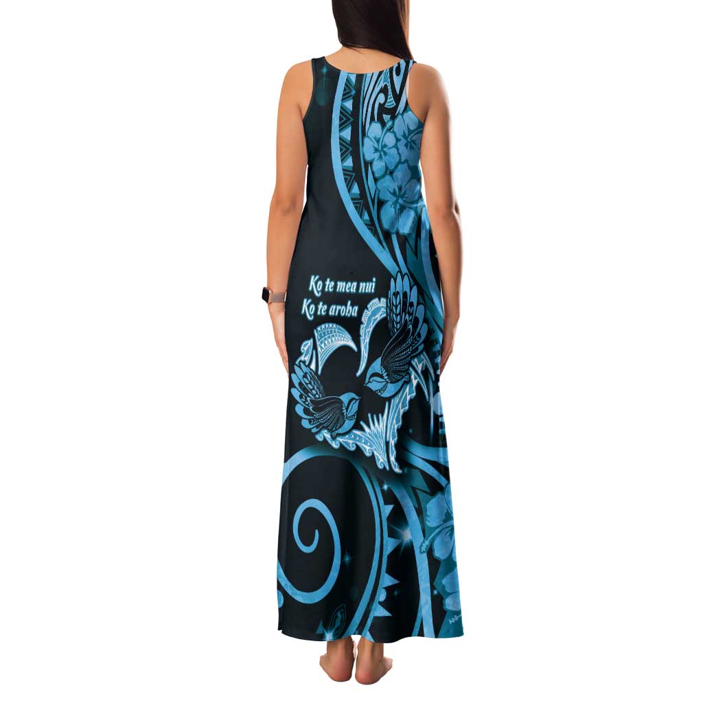New Zealand Valentine Tank Maxi Dress Aroha Cyan Piwakawaka