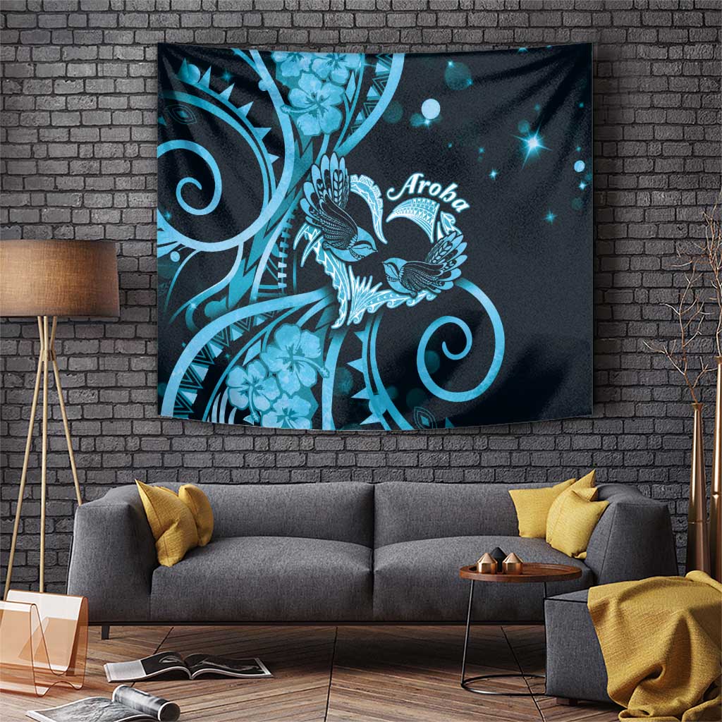 New Zealand Valentine Tapestry Aroha Cyan Piwakawaka LT05 Cyan - Polynesian Pride