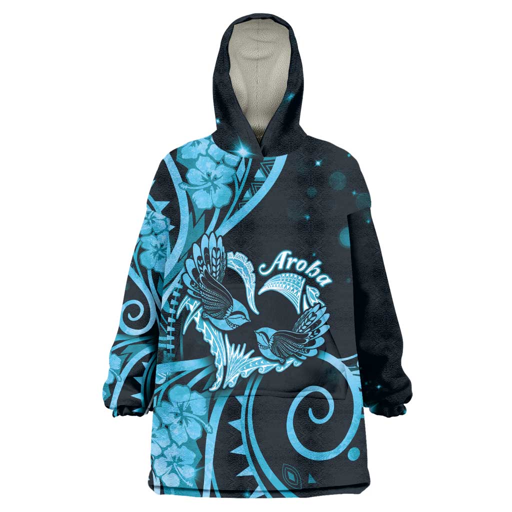 New Zealand Valentine Wearable Blanket Hoodie Aroha Cyan Piwakawaka LT05 One Size Cyan - Polynesian Pride