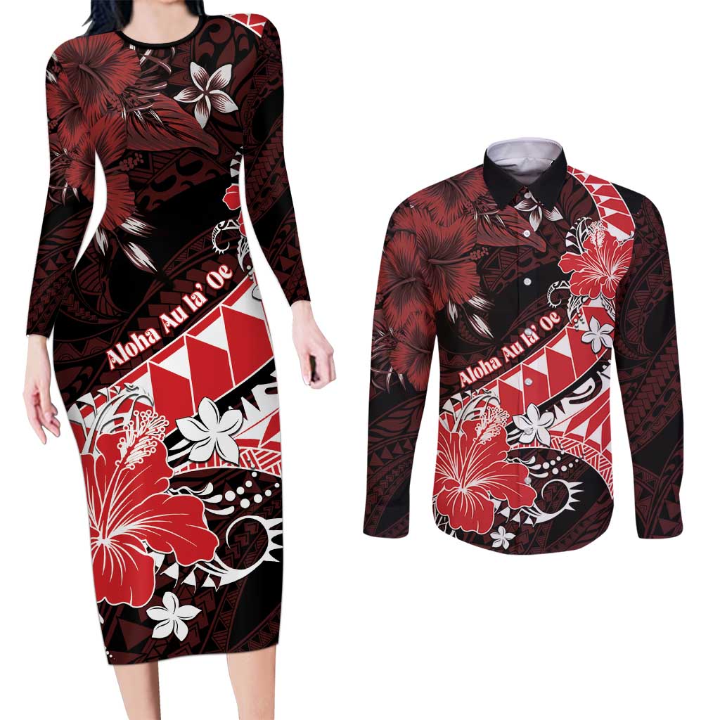 Personalised Hawaii Valentine Day Couples Matching Long Sleeve Bodycon Dress and Long Sleeve Button Shirt Polynesian Hibiscus Art Style Red LT05 Red - Polynesian Pride