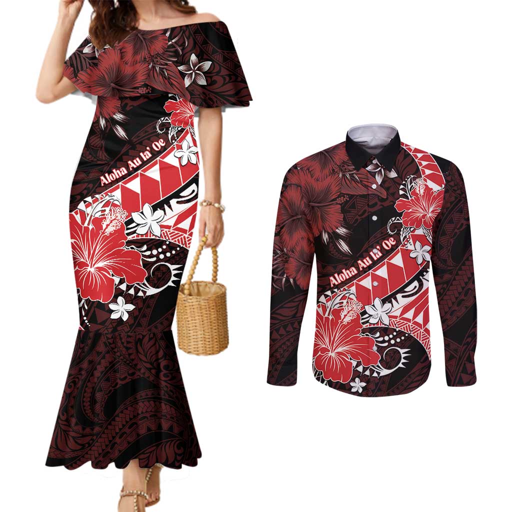 Personalised Hawaii Valentine Day Couples Matching Mermaid Dress and Long Sleeve Button Shirt Polynesian Hibiscus Art Style Red LT05 Red - Polynesian Pride