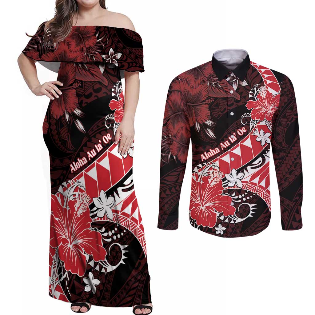 Personalised Hawaii Valentine Day Couples Matching Off Shoulder Maxi Dress and Long Sleeve Button Shirt Polynesian Hibiscus Art Style Red LT05 Red - Polynesian Pride