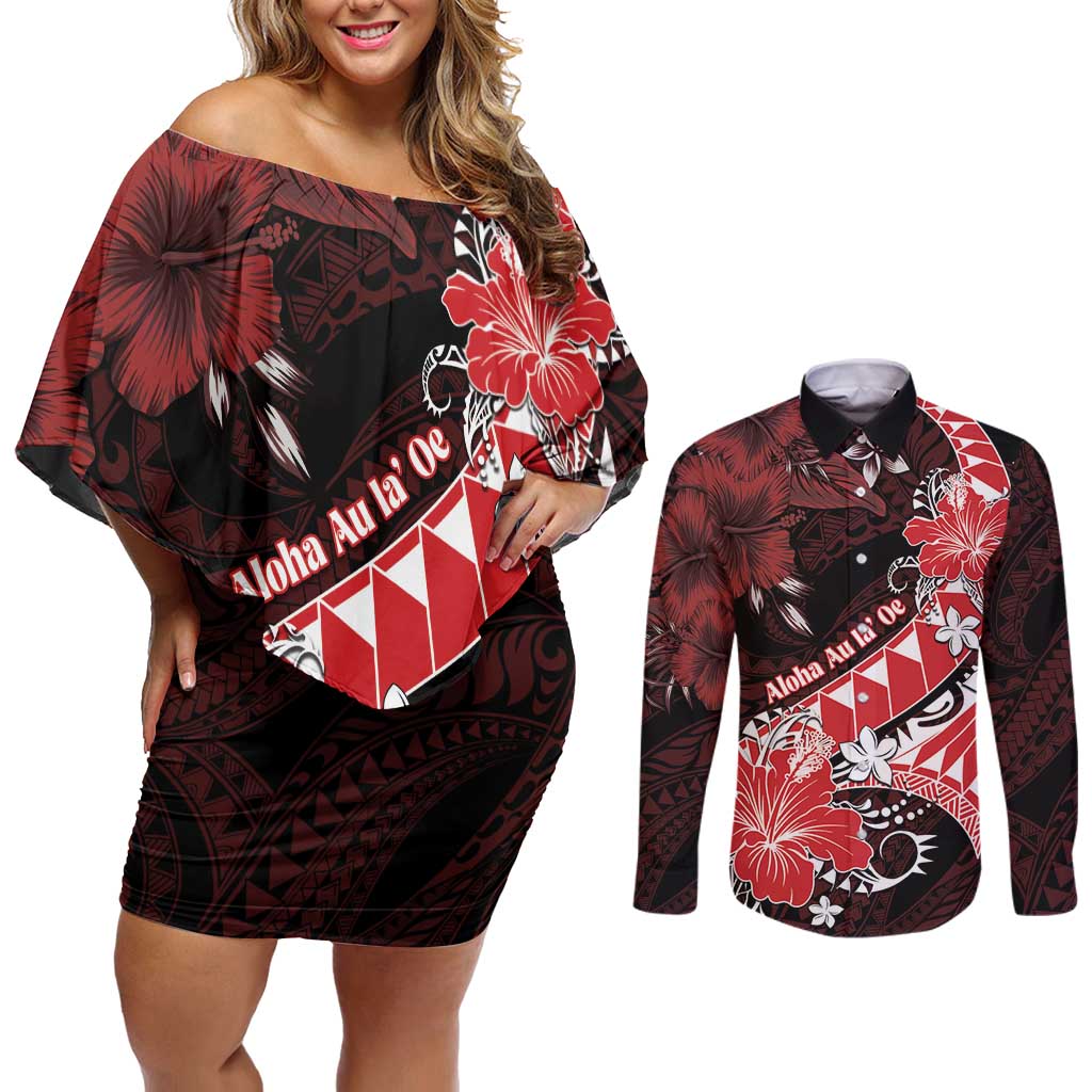 Personalised Hawaii Valentine Day Couples Matching Off Shoulder Short Dress and Long Sleeve Button Shirt Polynesian Hibiscus Art Style Red LT05 Red - Polynesian Pride