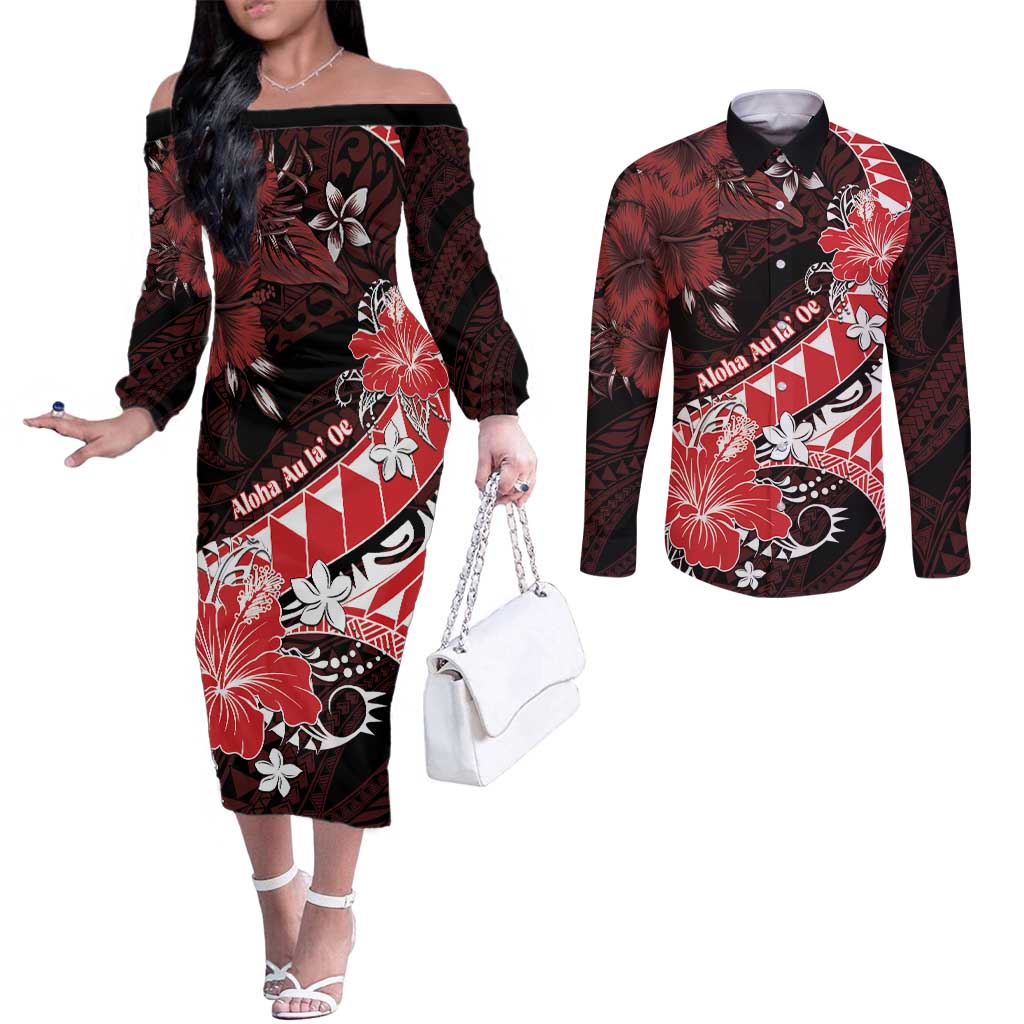 Personalised Hawaii Valentine Day Couples Matching Off The Shoulder Long Sleeve Dress and Long Sleeve Button Shirt Polynesian Hibiscus Art Style Red LT05 Red - Polynesian Pride