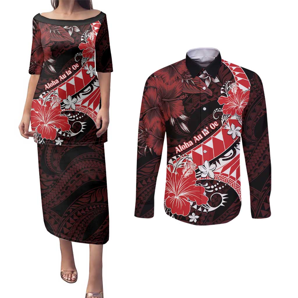 Personalised Hawaii Valentine Day Couples Matching Puletasi and Long Sleeve Button Shirt Polynesian Hibiscus Art Style Red LT05 Red - Polynesian Pride