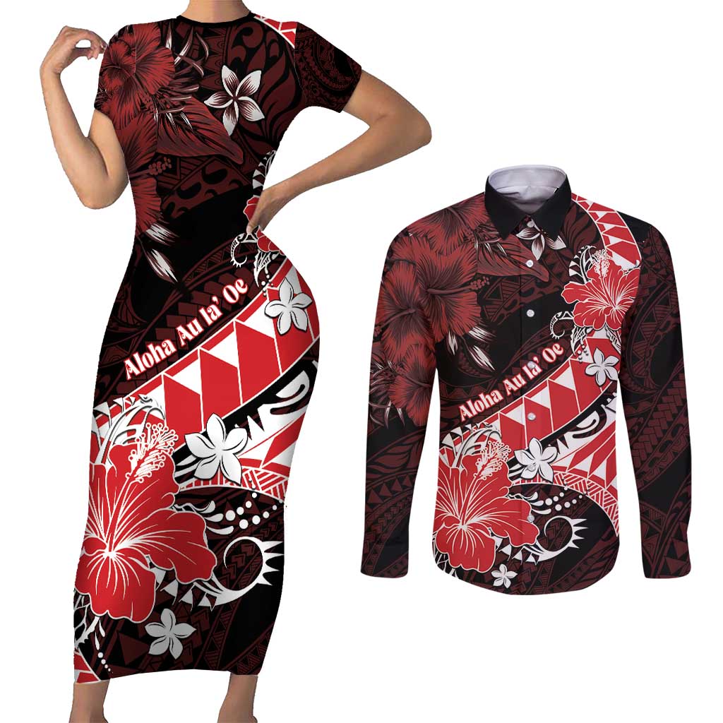 Personalised Hawaii Valentine Day Couples Matching Short Sleeve Bodycon Dress and Long Sleeve Button Shirt Polynesian Hibiscus Art Style Red LT05 Red - Polynesian Pride