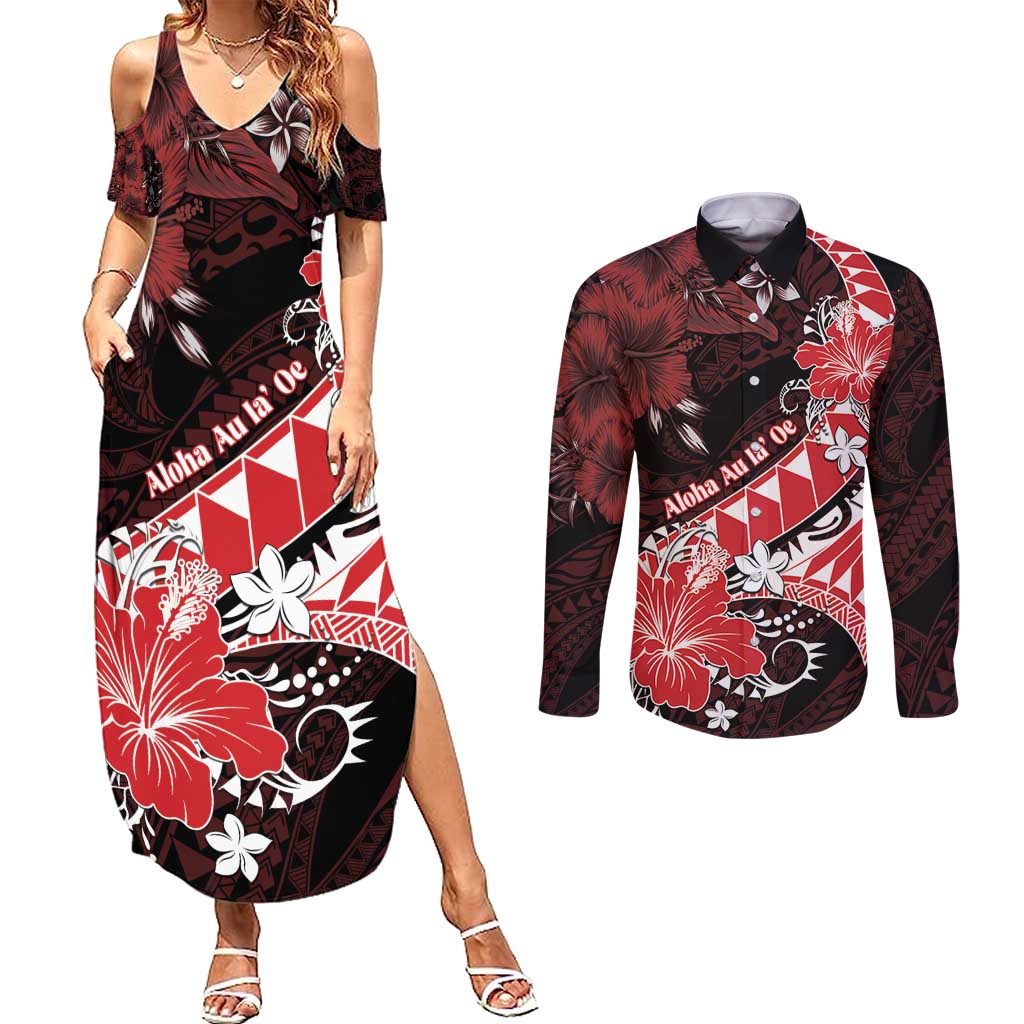 Personalised Hawaii Valentine Day Couples Matching Summer Maxi Dress and Long Sleeve Button Shirt Polynesian Hibiscus Art Style Red LT05 Red - Polynesian Pride