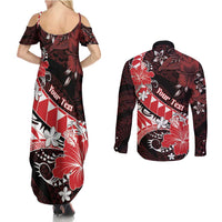 Personalised Hawaii Valentine Day Couples Matching Summer Maxi Dress and Long Sleeve Button Shirt Polynesian Hibiscus Art Style Red